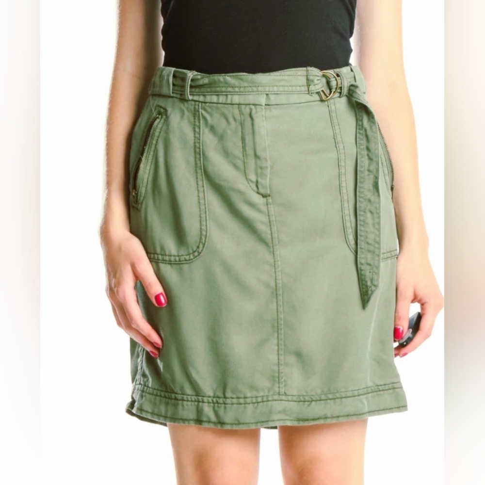 LOFT Olive Green Utility Mini Skirt Size 10 Belted Zip Pocket Lyocell